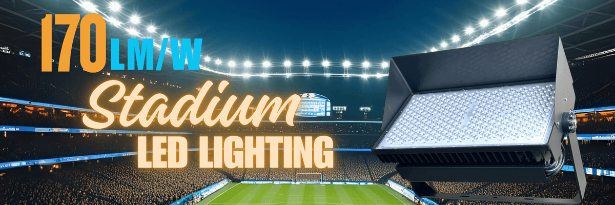 LED stadium light with '170 LM/W' and 'Stadium LED Lighting' text in a sports arena setting.
