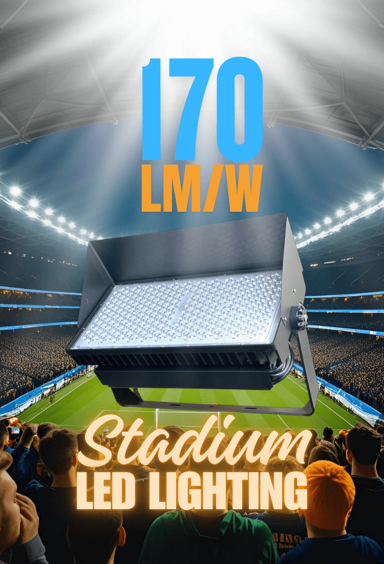 Stadium LED lighting fixture with text '170 LM/W' and 'Stadium LED Lighting' in a sports arena setting.