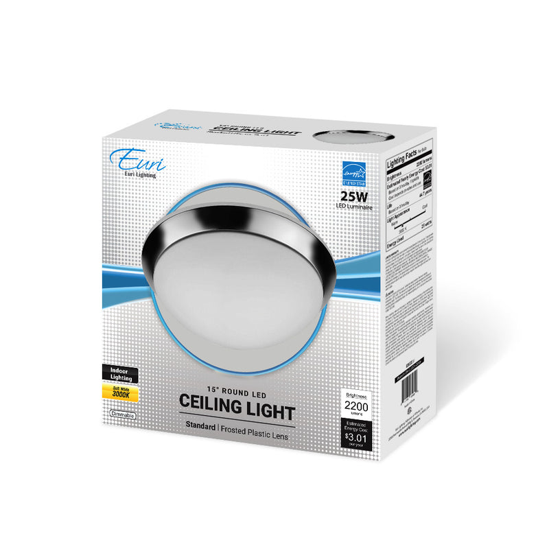 LED 15" Ceiling Light - 25W - 2,200LM - 3000K - 120V - Chrome