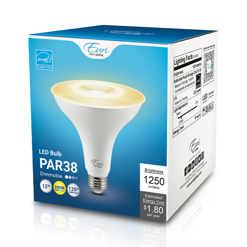 LED PAR38 Lamp - 15W - 1,250LM - 120V - 27/30/40/5000K - Long Neck
