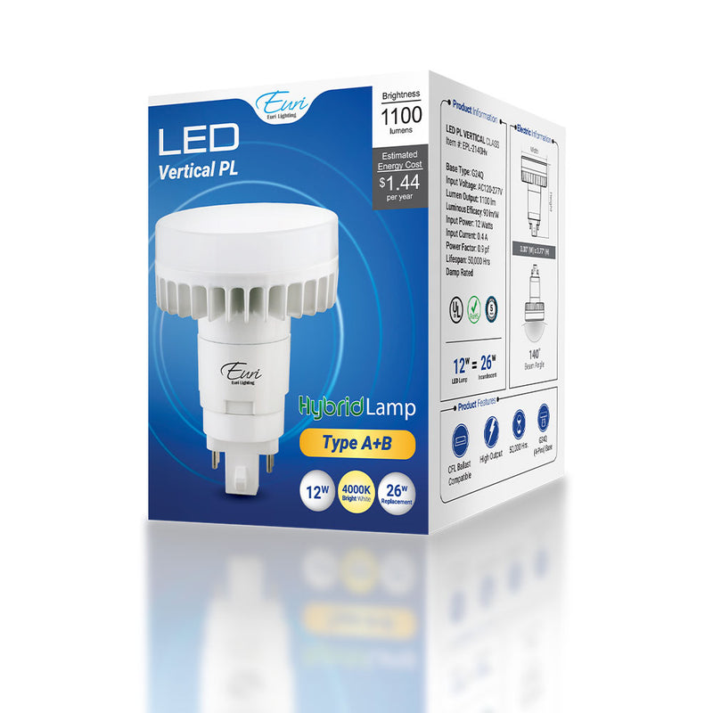 LED PL Lamp - 12W - 1,100LM - Type A+B - 30/40/5000K - Vertical