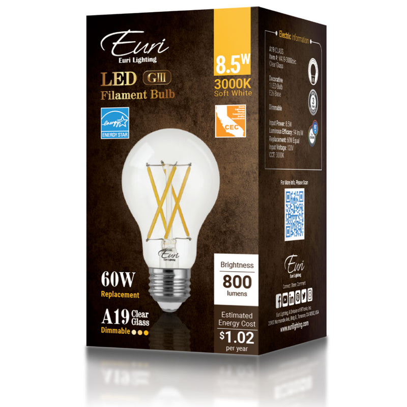 LED Filament A19 Lamps - 8.5W - 800LM - 120V - 2700K/3000K/5000K