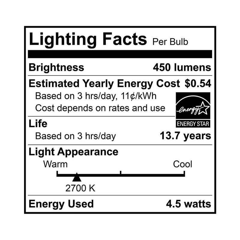 LED Filament B10 Lamps - 4.5W - 450LM - 120V - 2700K