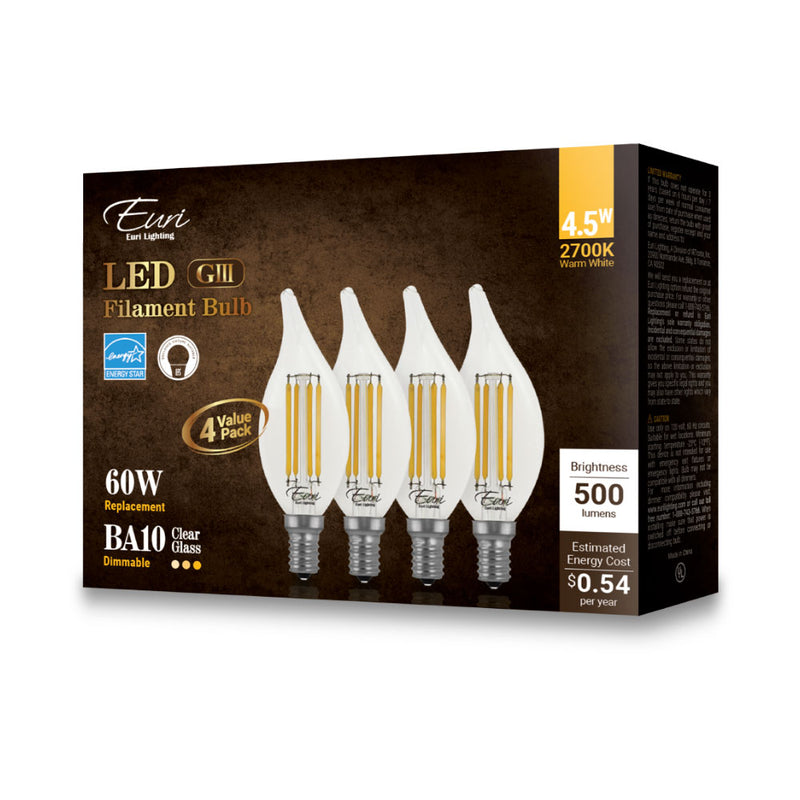 LED Filament BA10 Lamps - 4.5W - 500LM - 120V - 2700K